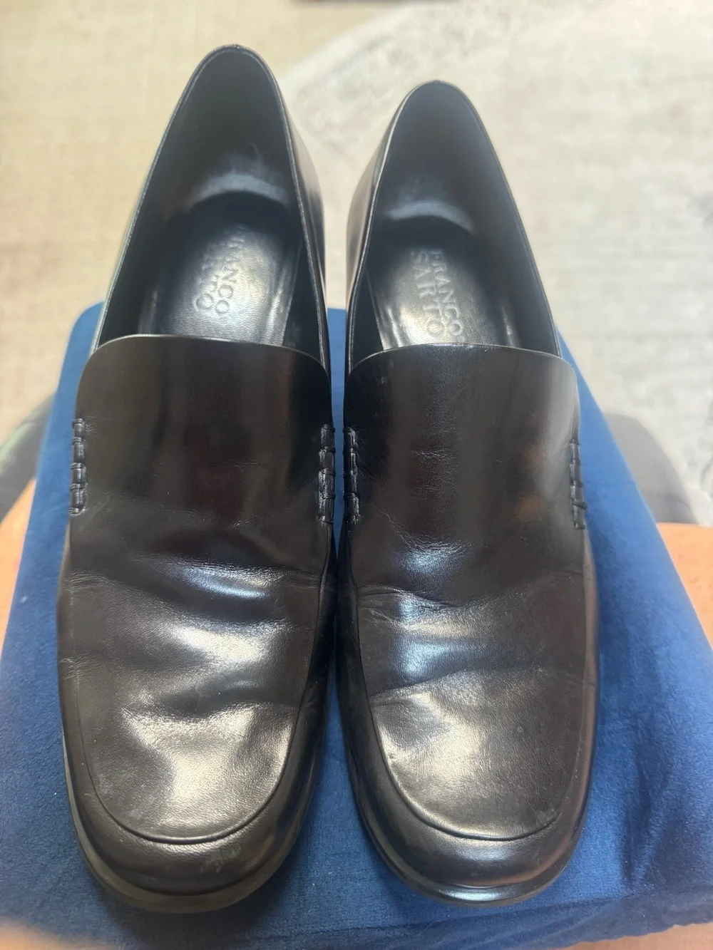 Franco Sarto Black Leather Nolan Block Heel Loafer Pumps